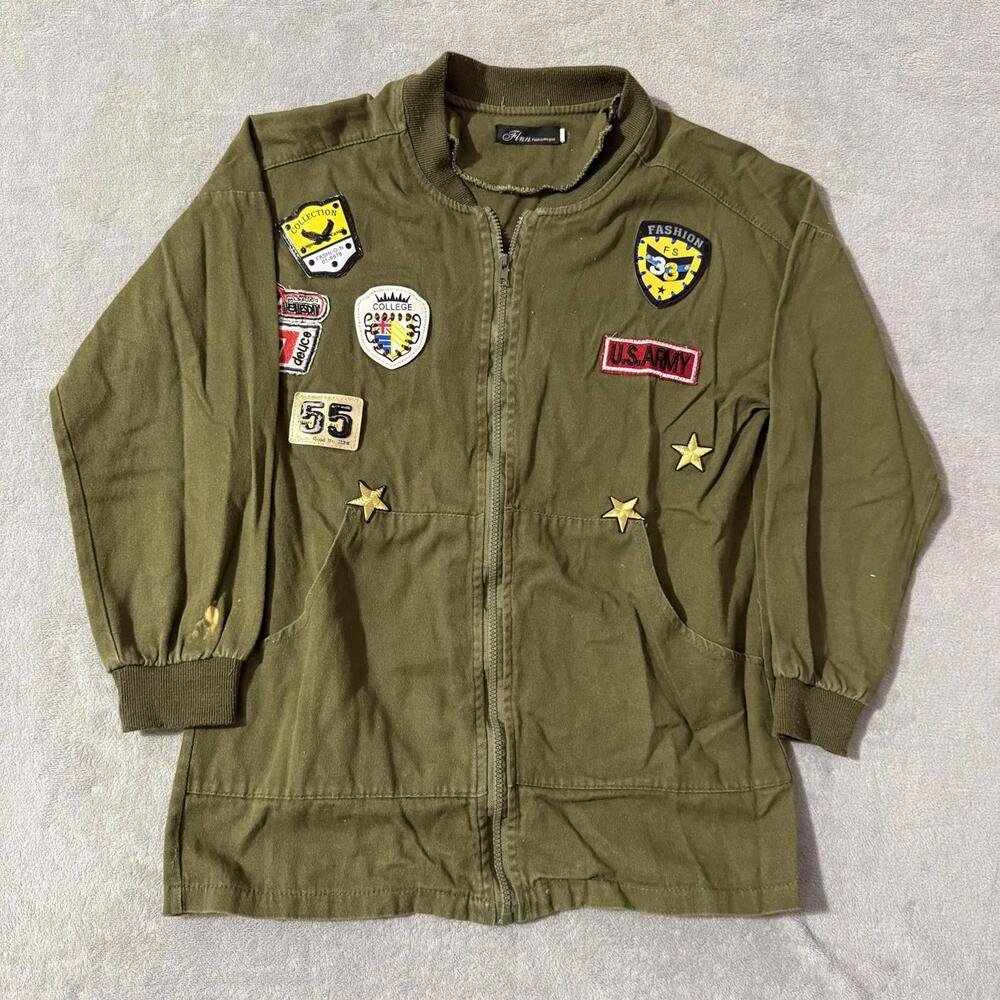 Kids Army Bomber Jacket Green Military Patch Zip Up Small Men’s